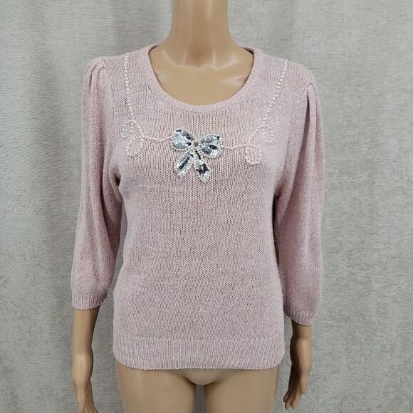 Stepping Stones Vintage Light Pink Silk Angora Blend Pearl Sequin Bow on Front - Picture 1 of 11